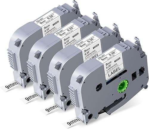 Weemay Paquete de 4 cintas TZe-221 TZe221 compatibles con Brother TZ 0.354 in 0.35 cinta blanca laminada TZe TZ TZ221 TZ-221 3/8 etiqueta laminada