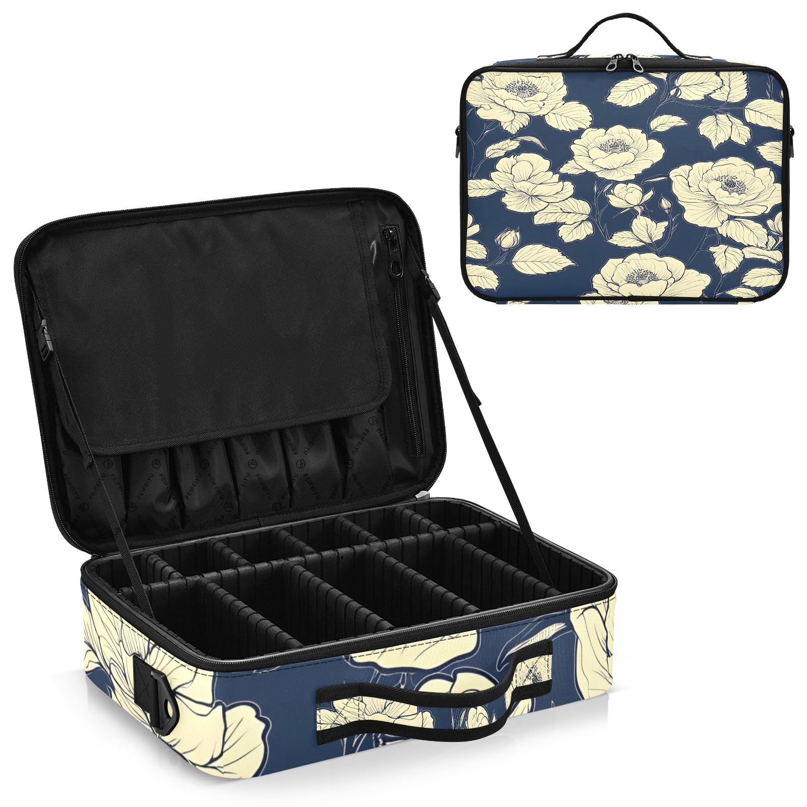 zyrtty Travel Makeup Train Case White Black Flower Indigo Pattern Cosmetic Organizer Portable Storage Bag with Adjustable Dividers for Cosmetics Brushes Toiletry Jewelry Digital Accessories