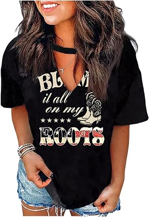 Hollow Out T Shirts for Women Western Graphic Shirts Country Cowgirls Shirts Casual Short Sleeve V Neck Tops