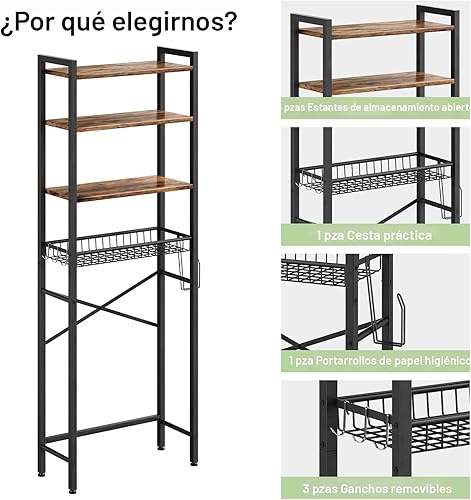 Miniatura 7 de Estante de almacenamiento sobre el inodoro, estante organizador de baño de 4 niveles sobre el inodoro con estante y canasta ajustables, estantes