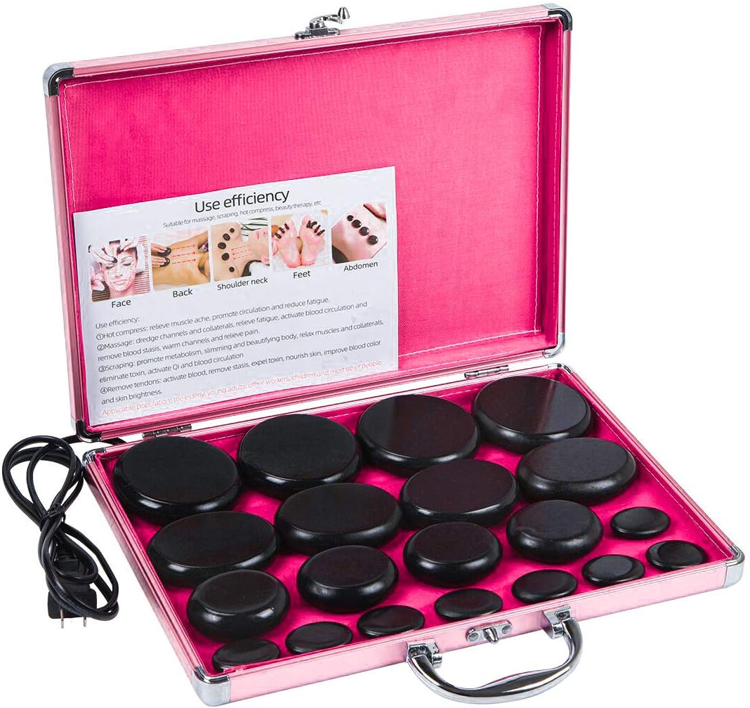 NICECHOOSE Hot Stones Massage Kit, 20Pcs Portable Smooth and Natural Basalt Hot Rocks Set Massage Stone Warmer with Heater Box for Spa Body Relaxing Massage Therapy