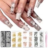 4 Boxes Mixed Sizes Flat Back Steel Beads 3D Nail Charms Kit, Gold Silver Rose Gold Black Half Round Metal Caviar Beads Balls with Pickup Tweezers Manicure DIY Crafts Decorations