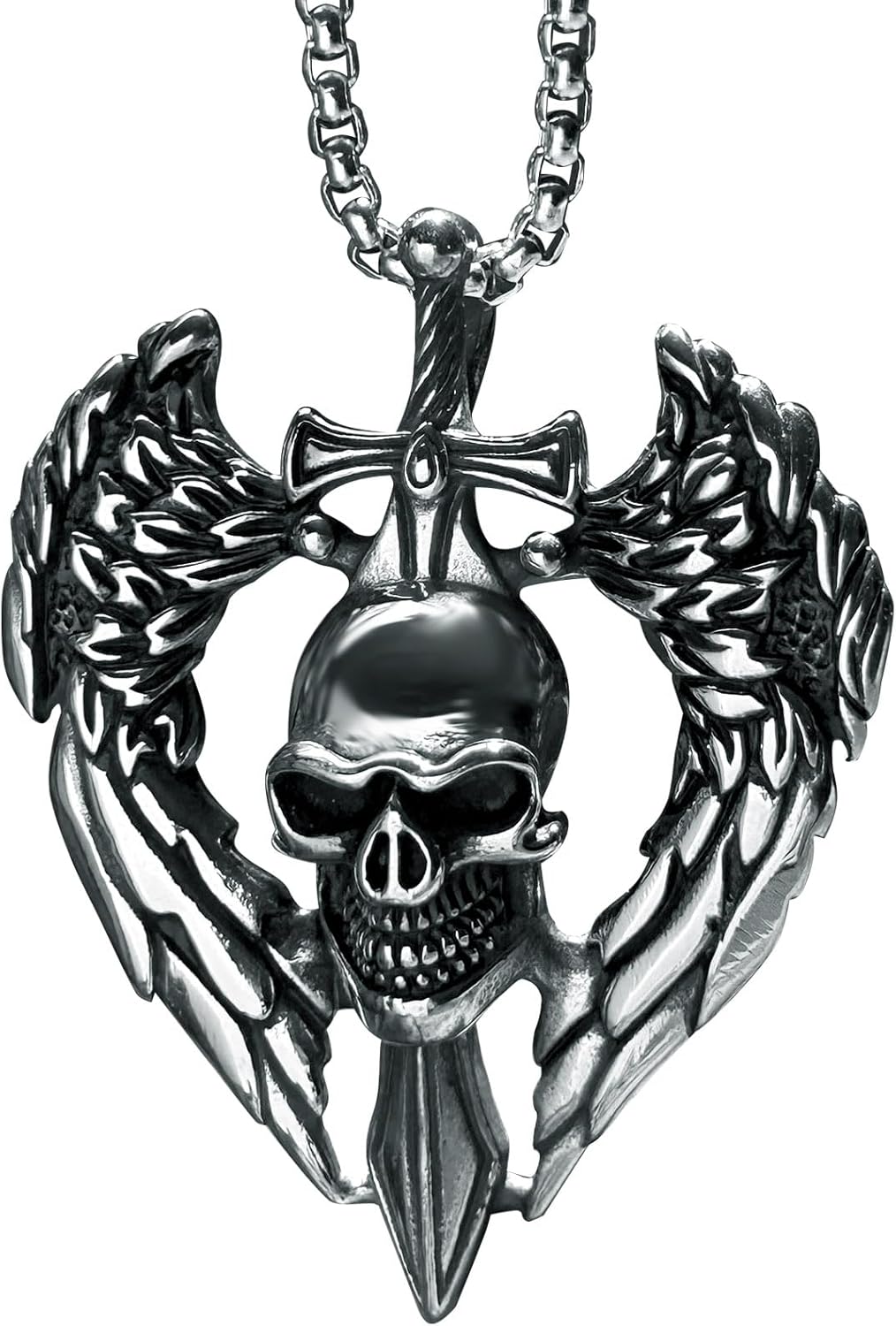 bahamut Mens Skull Dragon Cross Pendant Necklace for Men Silver Cool Goth Accessory Jewelry with Stainless Steel Chain