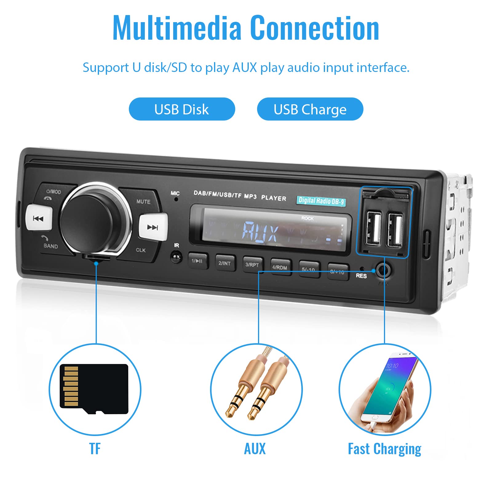 Hodozzy DAB+/DAB Autoradio 1 Din Bluetooth 5.0, 2xUSB/SD/EQ/Aux-in,Lenkradsteuerung,Freisprecheinrichtung,MP3 Player,25W*4