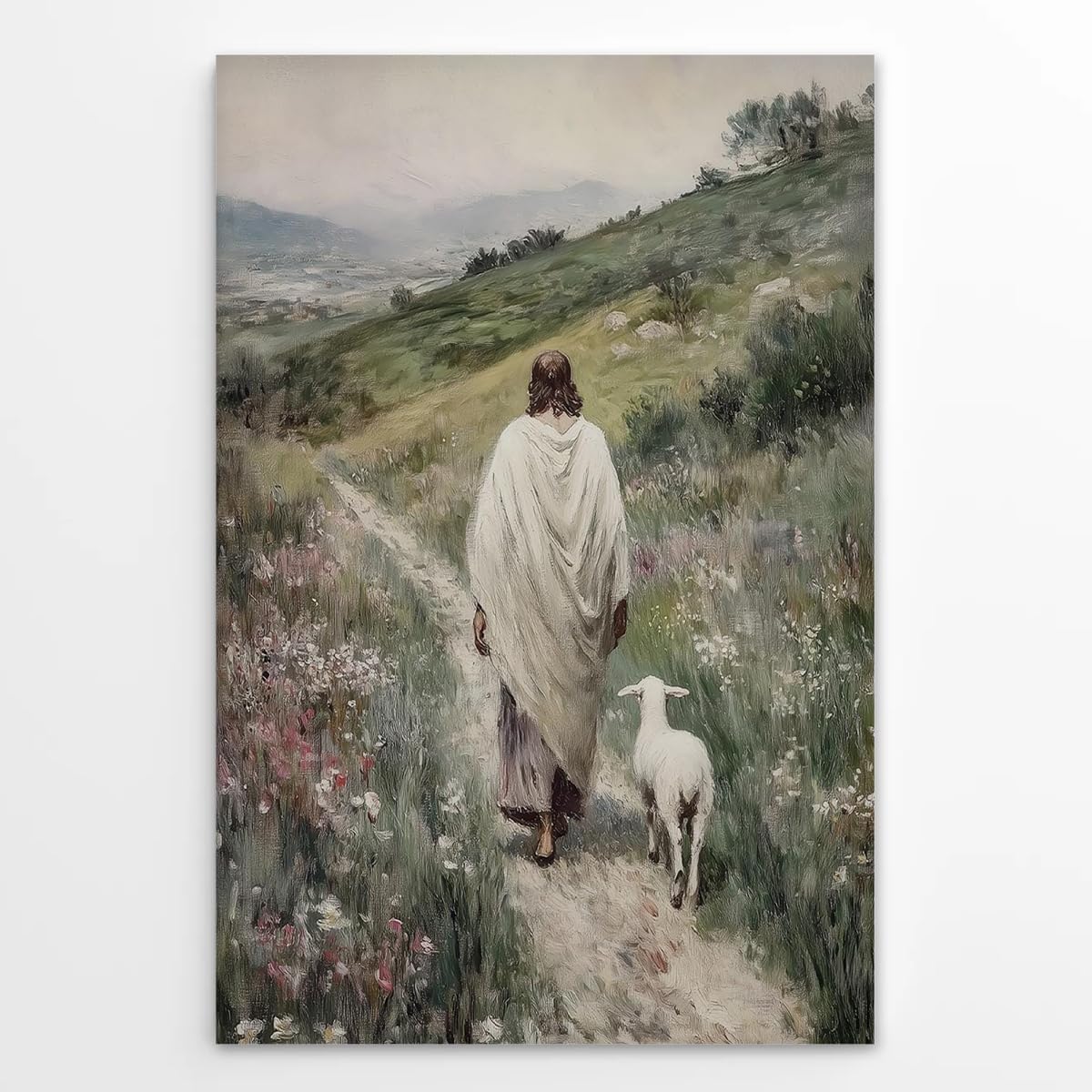 Vintage Good Shepherd Jesus Wall Art Retro Christian Poster with Lamb Landscape Print Religious Canvas Oil Painting for Church Living Room Bedroom Faith Home Decor 8x12inch Unframed