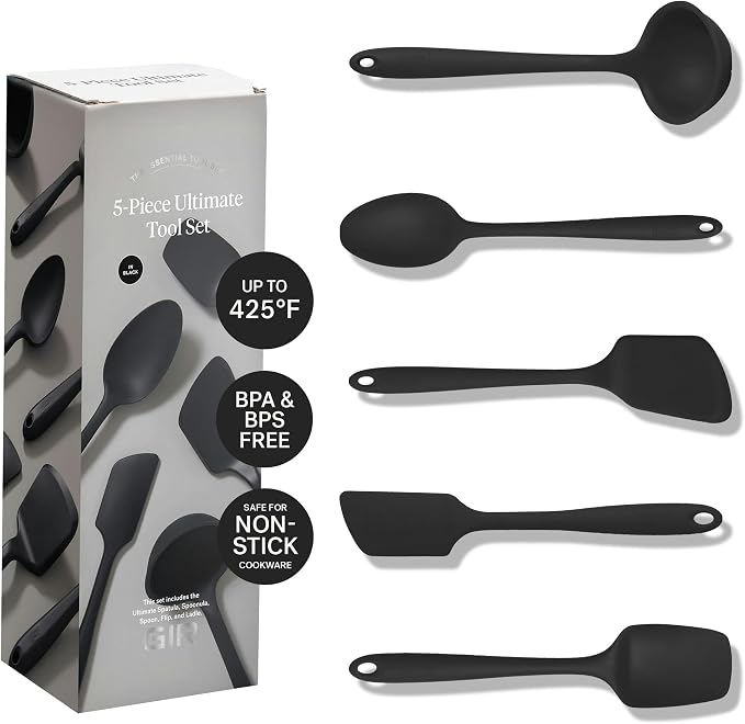 GIR: Get It Right 10 Piece Silicone Cooking Utensils Set - Ladle, Spatulas, Flip, Spoons, Whisk, Potato Peeler & Spoonula - Heat Resistant & Dishwasher Safe - Black Kitchen Utensils Set