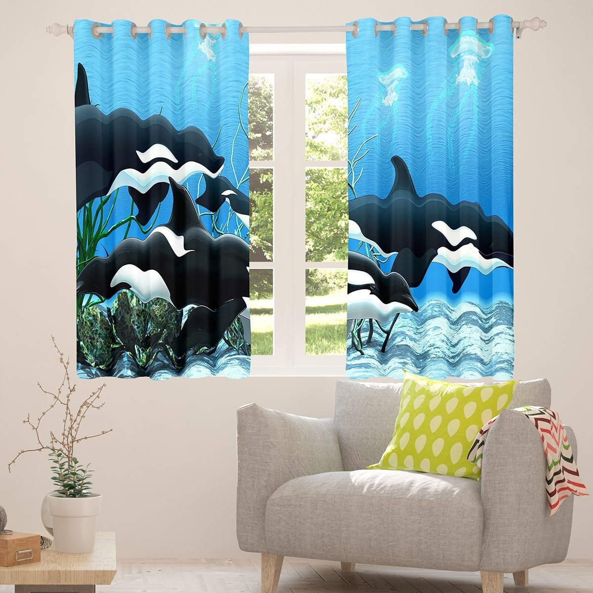 Killer Whale Curtain Panels Orcinus Orcas Window Curtains The Underwater World Jellyfish Window Drapes for Kids Boys Girls Deep Sea Animals Marine Life Window Treatments Living Room Decor 42W x63L