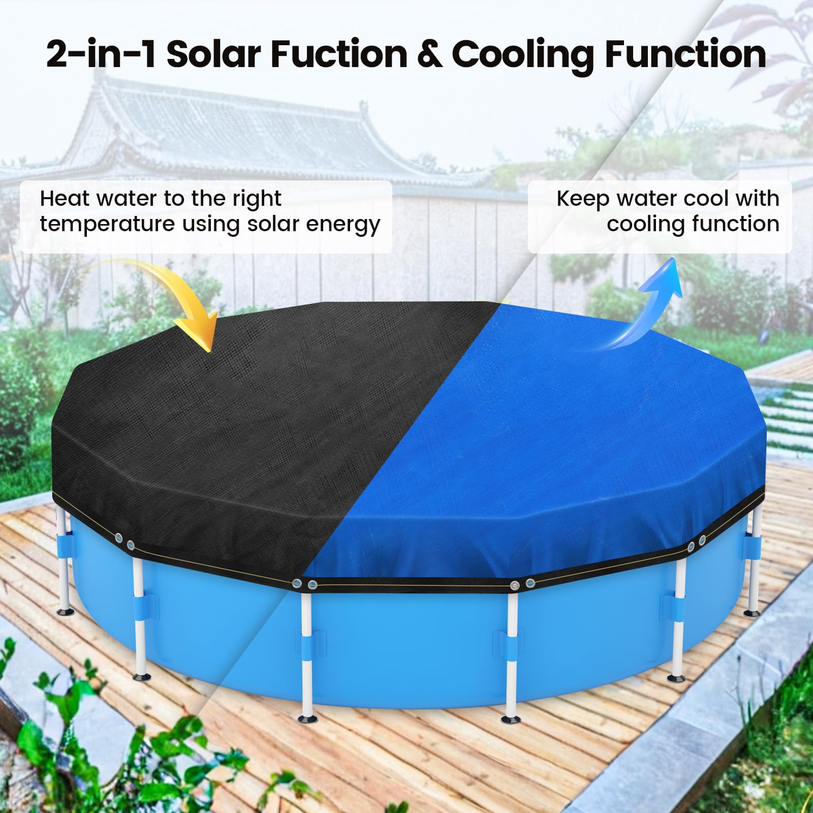Cubierta Redonda para Piscinas de 460 cm, Lonas para Iscinas, Cubierta de Piscina de Verano e Invierno con Cordón y Clavijas para el Suelo, Fácil de Instalar y Estable, Negra