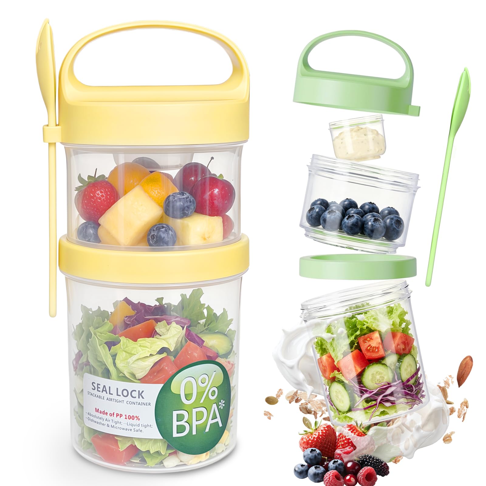 Nbouou Transparent Overnight Oats Container With Lid And Compartments, Crunch Cereal Cup, Yoghurt Pot Breakfast Pots, Leak-Proof Snack Box With Handle For Meal Prep Work Picnic (2 Pcs)