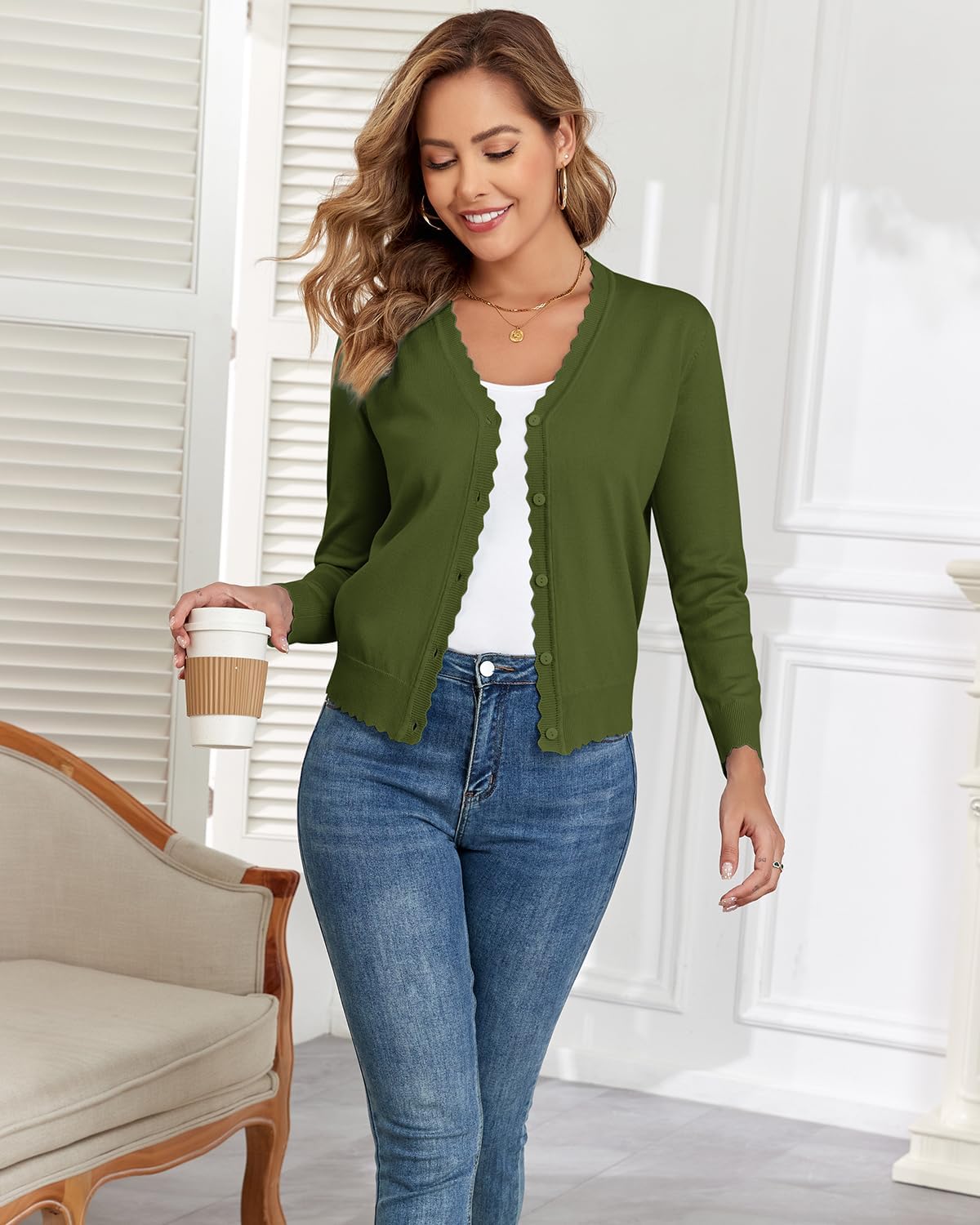 Womens Long Sleeve V-Neck Button Down Cardigan Knit Shrugs Sweater - Image 4