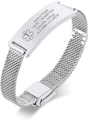 MEALGUET Pulsera de malla de acero inoxidable con grabado personalizado, pulseras de identificación de alerta médica para hombres y mujeres, pulsera