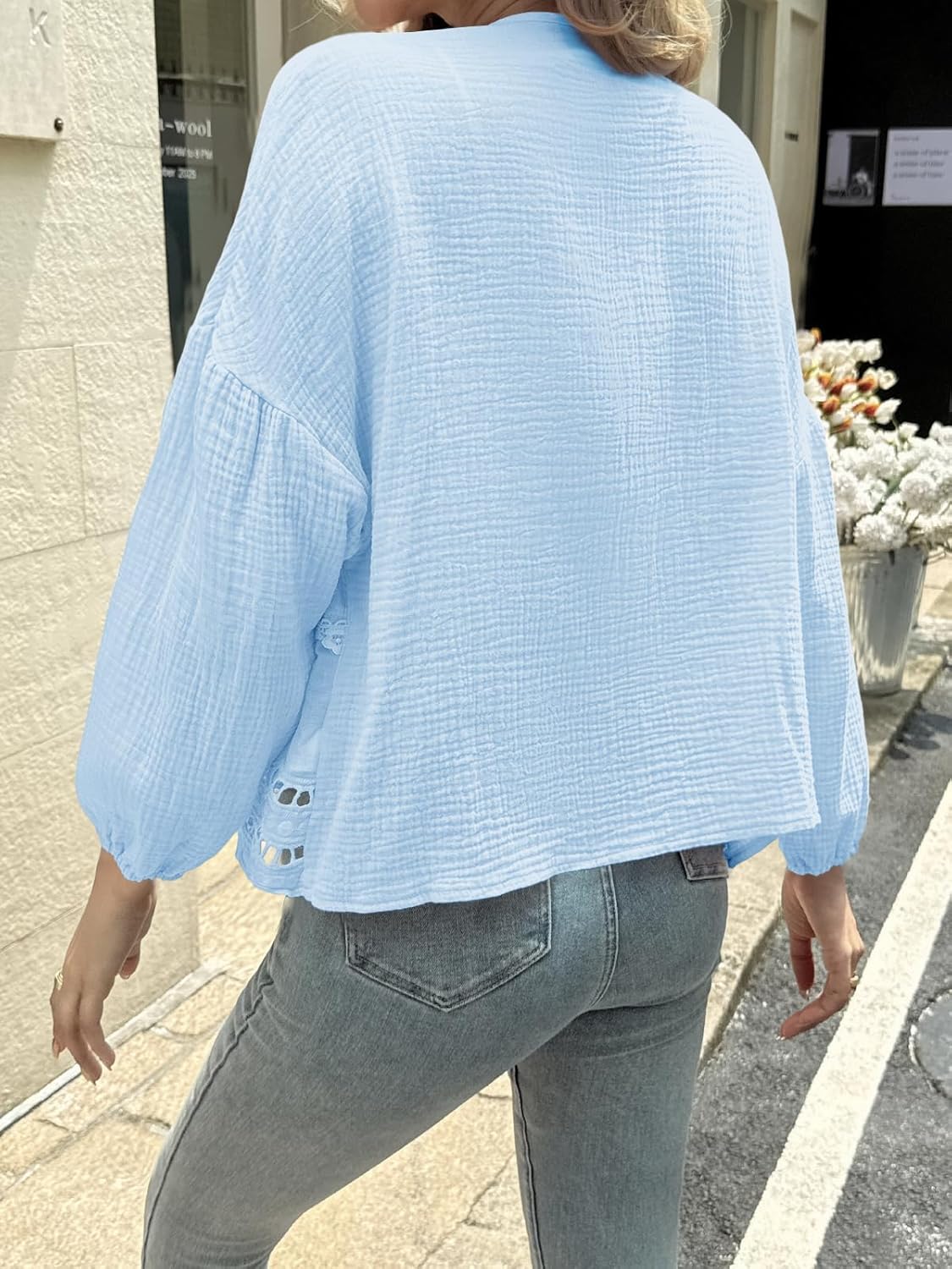 Tankaneo Womens Deep V Neck Tie Front Blouse Cotton Long Puff Sleeve Eyelet Tops Cute Lace Trim Flowy Ruffle Shirts Sky Blue - Image 3