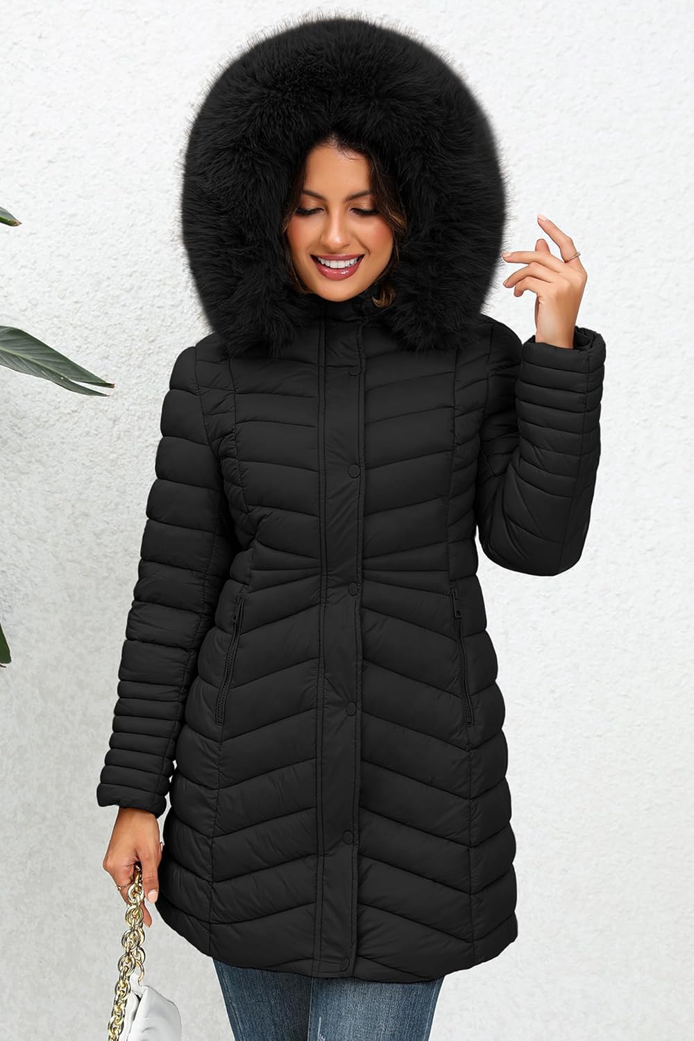 Bellivera Women's Winter Thickened Quilted Puffer Jacket Zipper Pockets Bubble Coat with Removable Hood and Faux Fur Collar - Image 2