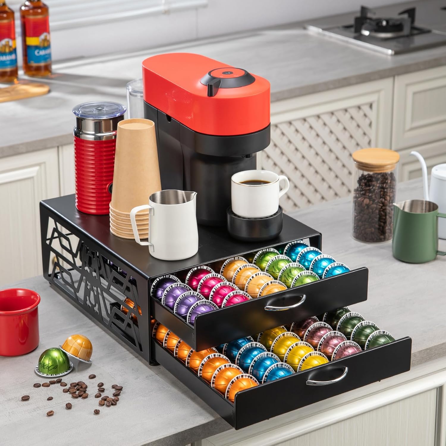 ZCDCP 2段 容量100個 Vertuo ポッドオーガナイザー ネスプレッソ用 - 省スペースコーヒーカプセル引き出しストレージ