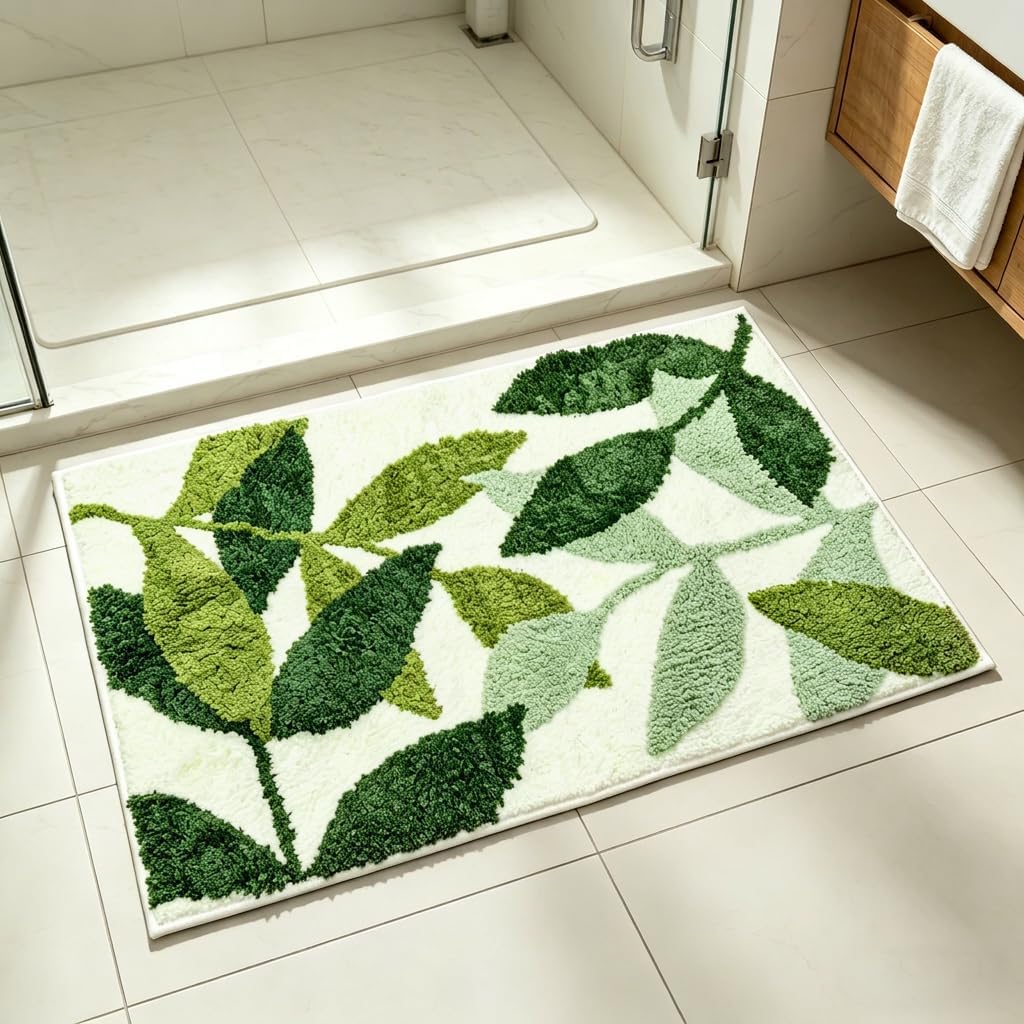 Morbuy Non-Slip Bath Mat, 50 x 80 cm Green Leaf Bathroom Floor Mat Super Soft and Water Absorbent, Machine Washable Microfiber Bathroom Rug for Shower, Bedroom, Kitchen, Doorway