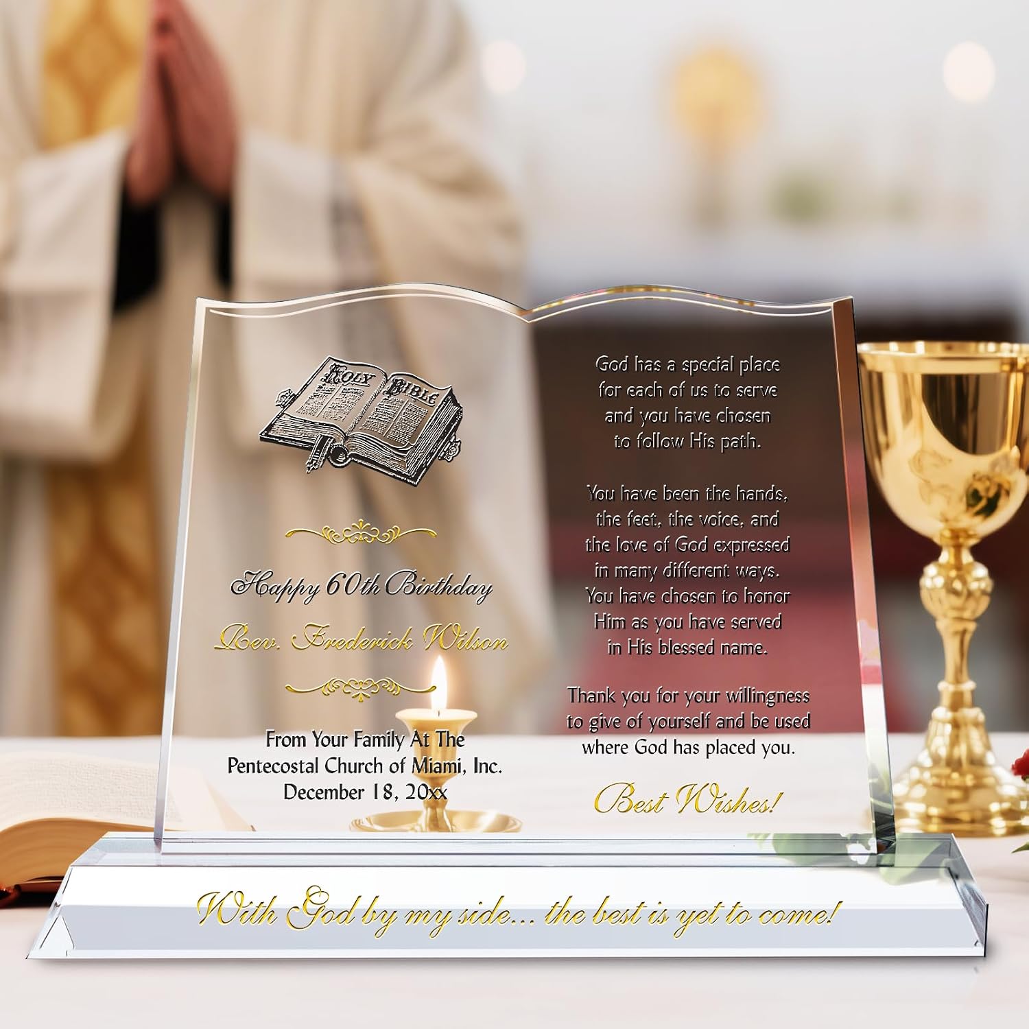 Custom Bible-Shaped Pastor Birthday Plaque – Personalized Crystal Gift for 40th, 50th, 60th, or 70th Milestone Celebration (M - 10")