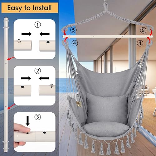Miniatura 31 de Y- STOP Silla Hamaca Colgante Columpio de Cuerda, Máximo 500 Libras, 2 Cojines Incluidos, Silla Colgante Grande de Macramé con Bolsillo, Tejido