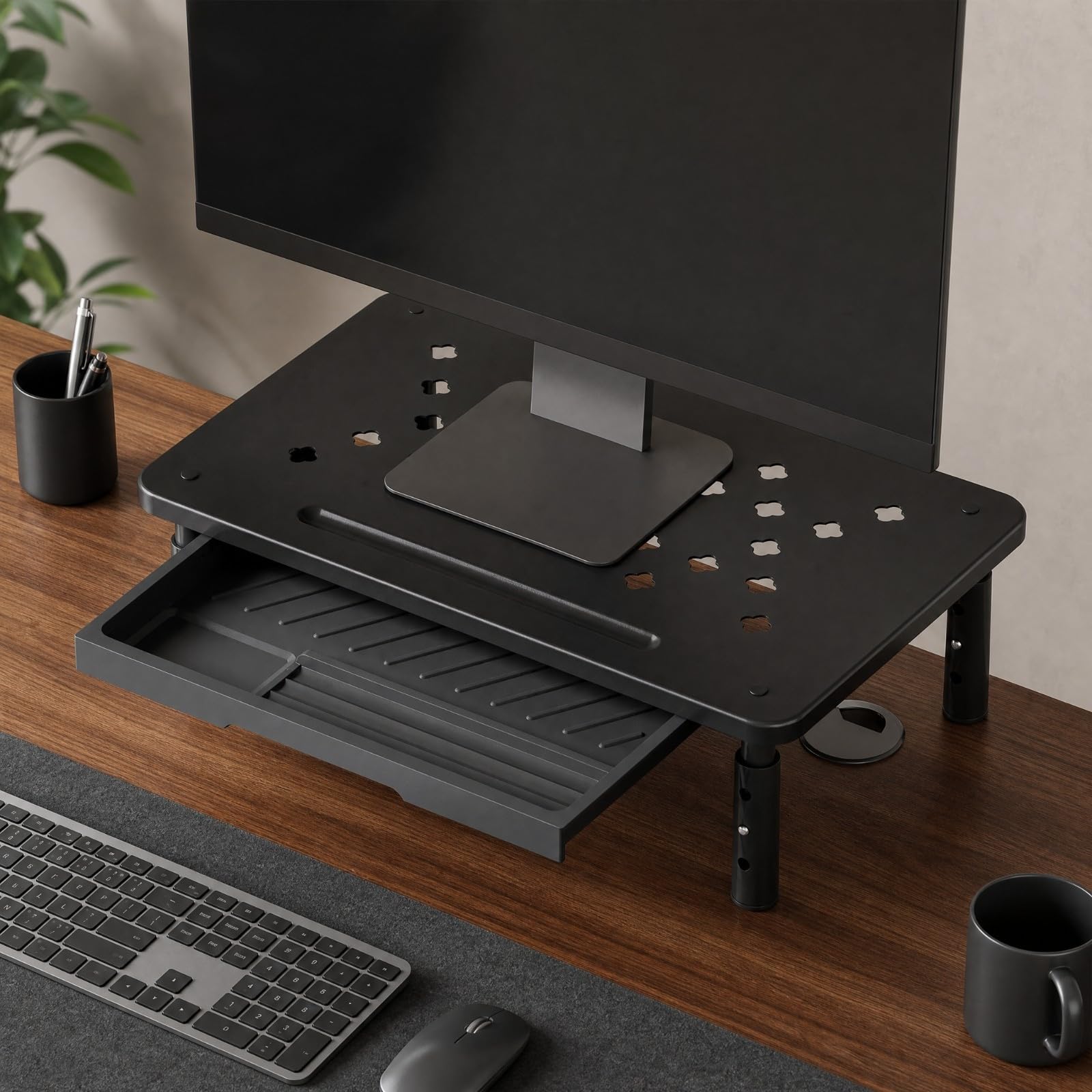 Amagogo Soporte Pantalla Escritorio con Cajón Ahorra Espacio Elevador Ajustable Escritorio Multifuncional Base Elevadora con Cajón Extraíble, Negro