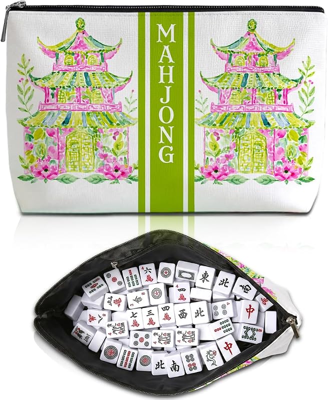 Bolsa para peças de Mahjong Blue Leaves Green Chinoiserie Pagoda 20,07 cm x 10,41 cm x 18,8 cm