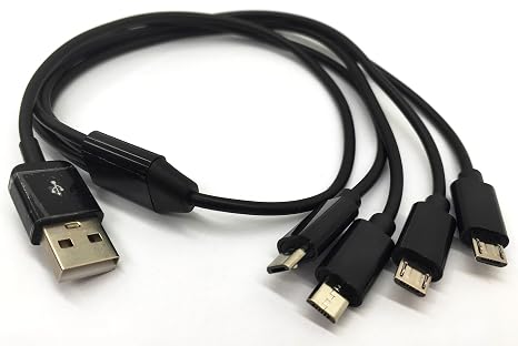 4 in 1 Multi Charging Cable - USB Type A to Four Micro USB Splitter Cable Data Sync & Charging Cord (Black, 1.5Ft)