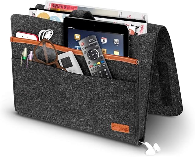 SIMBOOM Felt Bedside Caddy, Bedside Hanging Storage Organizer Anti-Slip for Sorting Magazine, Tablet, Phone, Earphone, Remote, Glasses, Pen - Dark Grey