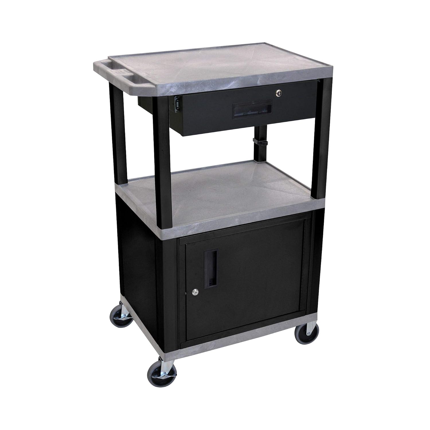 Luxor WT42GYC2E-B/WTD 42"H AV Cart - 3 Shelves Cab Drawer - Black