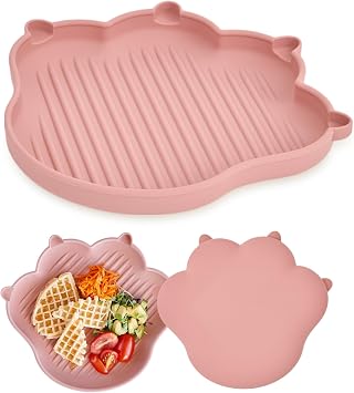 MEOW Plate Baby Toddler Plates, Baby Feeding Essentials 100% Food-Grade Silicone Led Weaning Supplies BPA Free Toddler Soft and Durable Silicone Plate Feeding Supplies BPA Free Kids Dry Rose