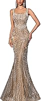 VOUIAO Women's Sequin Beaded Mermaid Evening Gown - Square Neck Spaghetti Strap Formal Prom Cocktail Maxi Dress