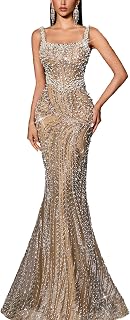 VOUIAO Women's Sequin Beaded Mermaid Evening Gown - Square Neck Spaghetti Strap Formal Prom Cocktail Maxi Dress