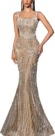 Women's Square Neck Sequin Beaded Mermaid Formal Evening Dress Spaghetti Strap Bodycon Prom Party Cocktail Maxi Gown