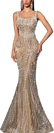 Women's Beaded Mermaid Prom Dress with Sequins and Rhinestones