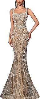 Women's Square Neck Sequin Beaded Mermaid Formal Evening Dress Spaghetti Strap Bodycon Prom Party Cocktail Maxi Gown