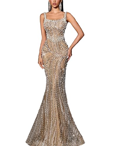 Women's Square Neck Sequin Beaded Mermaid Formal Evening Dress Spaghetti