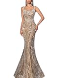 VOUIAO Women's Square Neck Sequin Beaded Mermaid Formal Evening Dress Spaghetti Strap Bodycon Prom Party Cocktail Maxi Gown