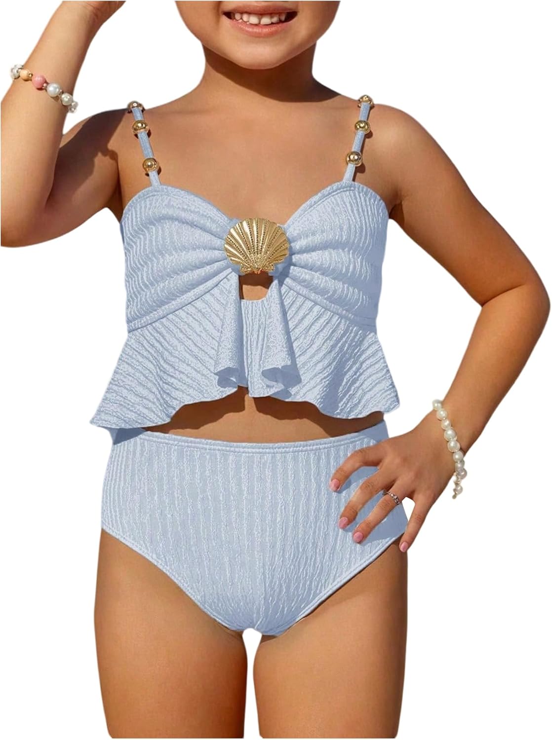 MakeMeChic Toddler Girl's Two Piece Swimsuit Seashell Ruffle Textured Beach Bikini Set