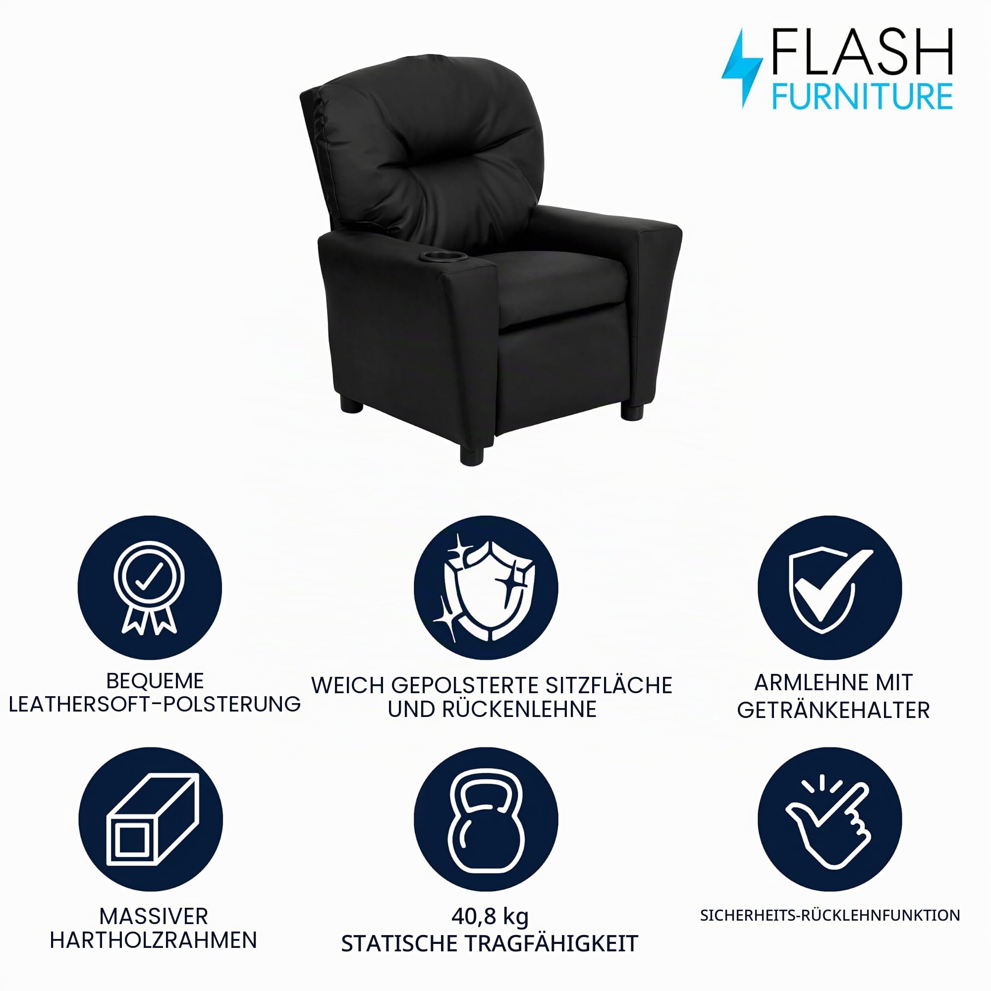 Flash Furniture Contemporary Kids Recliner with Cup Holder, Leather, Black LeatherSoft, Set of 1
