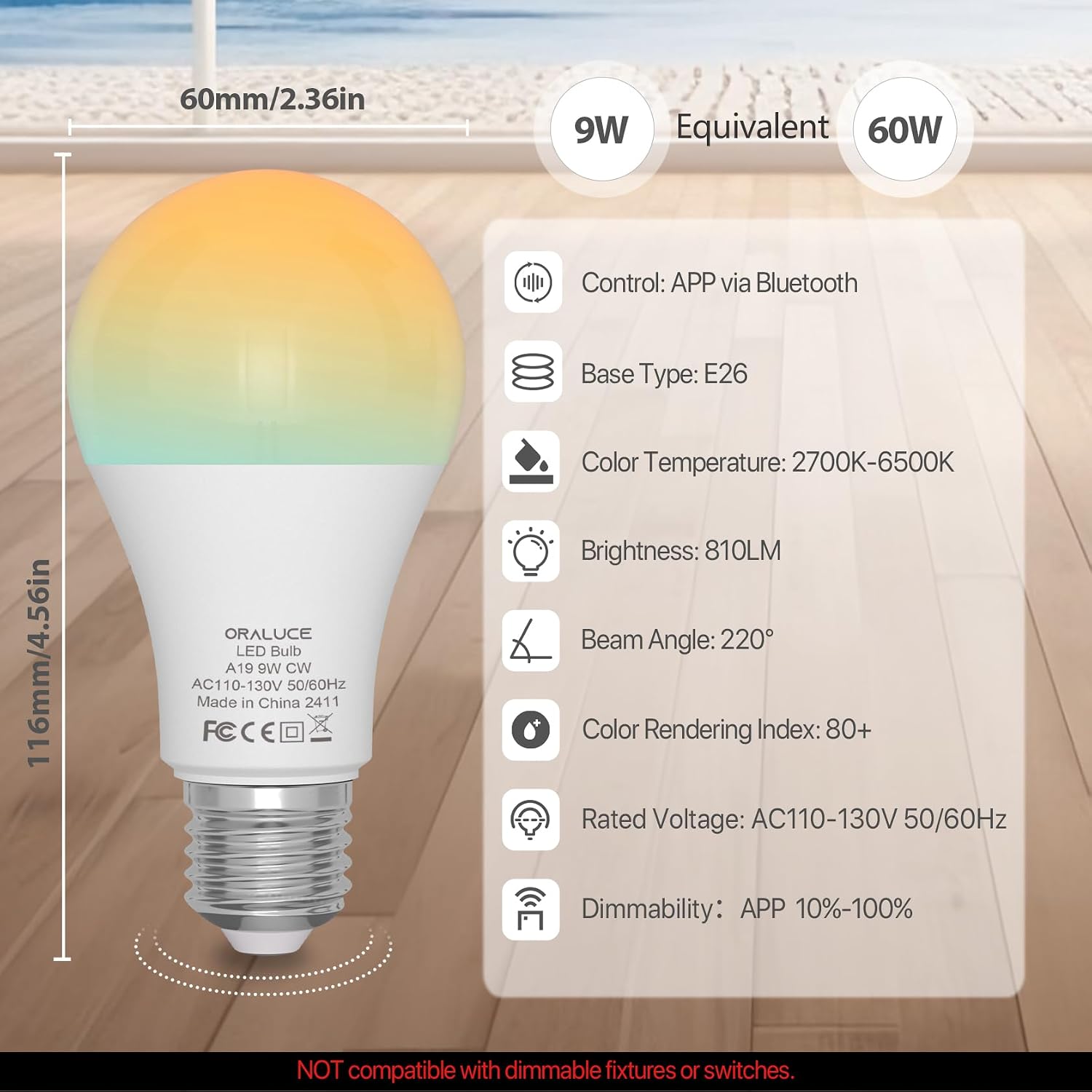 ORALUCE Bluetooth Smart Light Bulb 60 Watt, Dimmable 2700-6500K, 4 Pack image 2