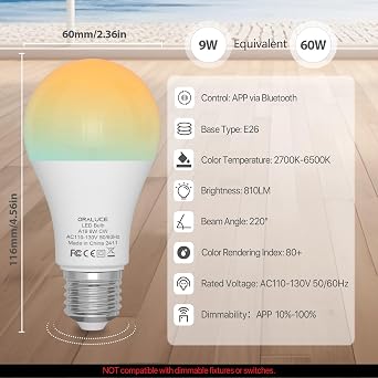 ORALUCE Bluetooth Smart Light Bulb 60 Watt, Dimmable 2700-6500K, 4 Pack