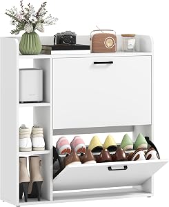 HOMCOM Modern Shoe Cabinet with 2 Flip Drawers, Narrow Shoe Storage Cabinet with Side Compartments and Adjustable Shelves, 8-12 Pairs, for Entryway Hallway, White