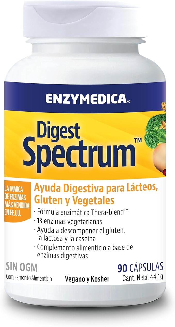 Enzymedica, Digest Spectrum, para una Digestión Saludable, Indicado para Múltiples Intolerancias Alimentarias, a Gluten, Lactosa, y Caseína, Sin Gluten, Sin Lácteos, Vegano, 90 Cápsulas