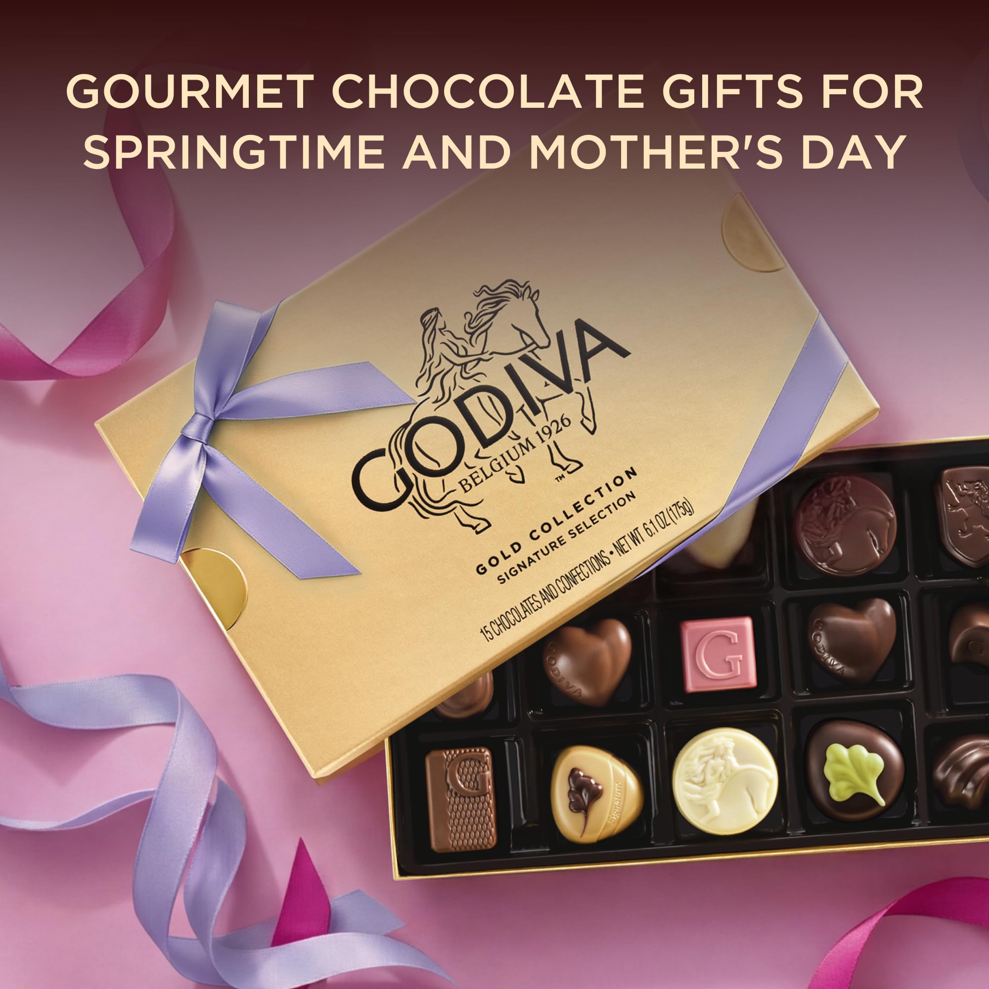 Godiva Gold Assorted Chocolate Gift Box, Belgian Dark & Milk Chocolates with Pralinés, Ganaches & Caramels, Gourmet Gift for Mother's Day, Kosher, Azalea Pink Ribbon,15 Pc: 18 Pieces Pink Ribbon Gold Collection
