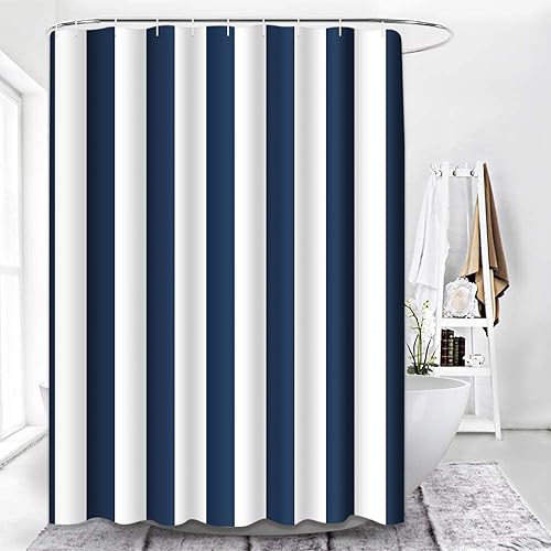 Miniatura 7 de Emvency Cortina de ducha azul marino y blanco para baño, cortina de baño a rayas, impermeable, tela de poliéster, decoración de baño de moda, 72 x