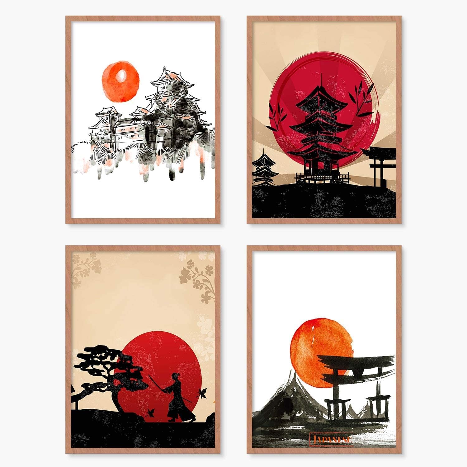 YUMKNOW Japanese Art Wall Decor - Unframed 11x14 Set of 4, Modern Minimalist Asian Oriental Decor for Living Room, Samurai Armor Warriors Prints Posters for Bedroom, Japan Red White Art Office Gifts