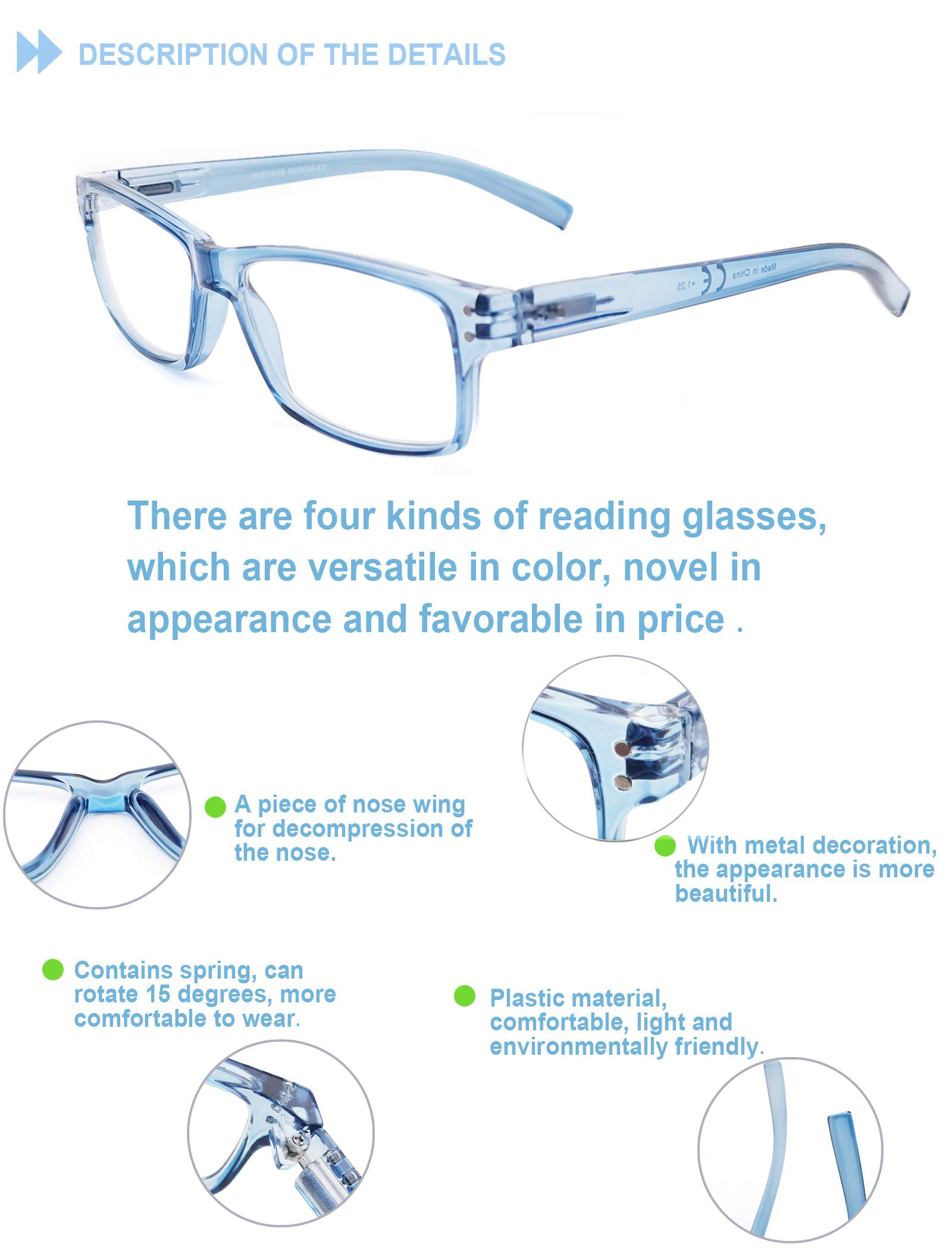 HEEYYOK 4 works Mens Reading Glasses Unisex Rectangular Black Blue Tortoise Frame Readers Fexible Spring Hinge(Include 4 Pouches and 1 Sunshine Readers) - Image 3