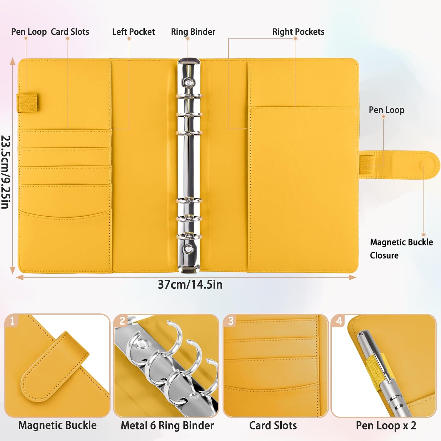 Antner A5 Binder 6 Ring Refillable Notebook Planner Cover, PU Leather Aesthetic Small Binder Loose Leaf Photocard Holder Budget Planner for Cash Organizer with Magnetic Buckle, Lemon Yellow