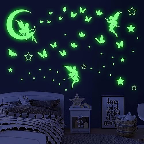 Miniatura 3 de Calcomanía de pared de hadas de fantasía que brilla en la oscuridad, decoración luminosa de mariposa luna para dormitorio de niña, decoración