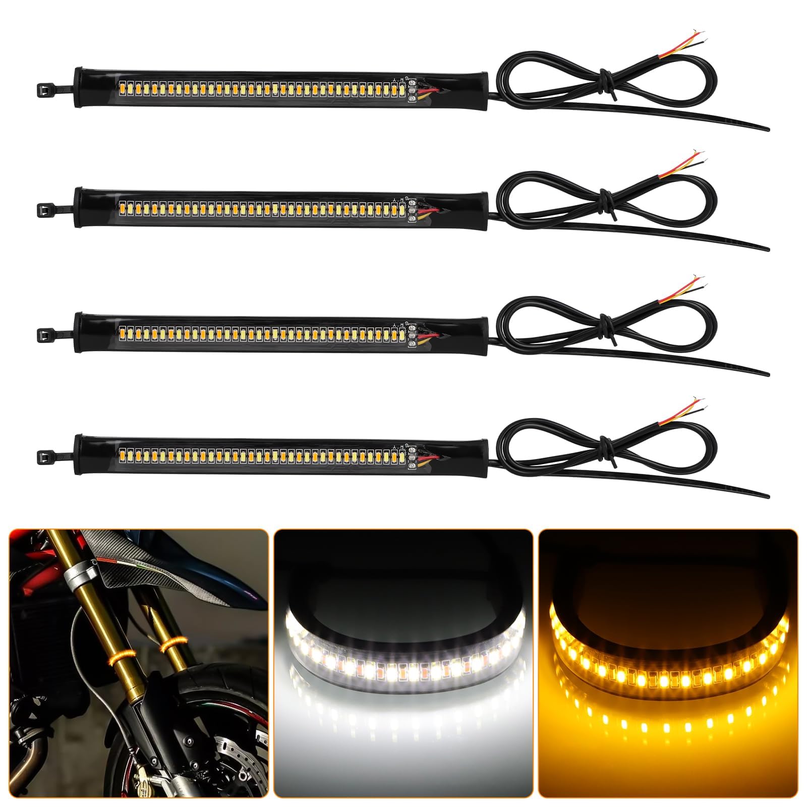 Linkstyle 4PCS 12V LED Motorcycle Turn Signals, Switchback LED Strip Blinkers, Fork Turn Signals, Motorcycle Blinkers, DRL Daytime Running Light, Amber Light Strips, Bike Signal Kit