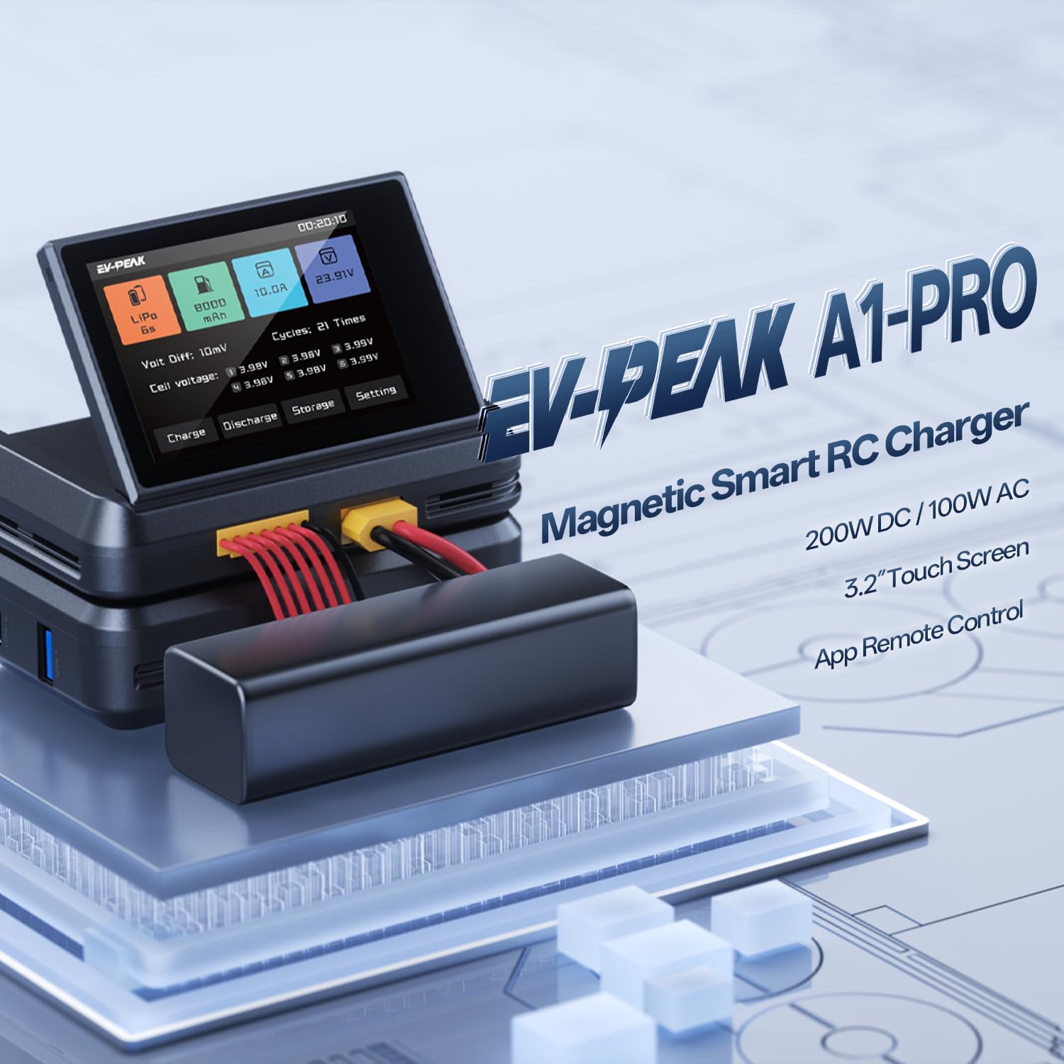 A1PRO - Caricabatterie LiPo da 200 W, 10 A, con touch screen, per batterie 1S-6S LiPo, LiHV, LiIon, Life, NiMH, NiCd e Pb per FPV, RC auto, drone