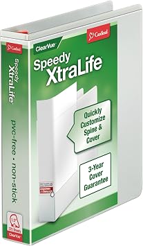 Cardinal 3 Ring Binder, 1.5 Inch Speedy XtraLife Binder, Locking Slant-D Rings, Heavy Duty Crack-Resistant Cover & Spine, ClearVue Covers, Holds 375 Sheets, PVC-Free, White 59110