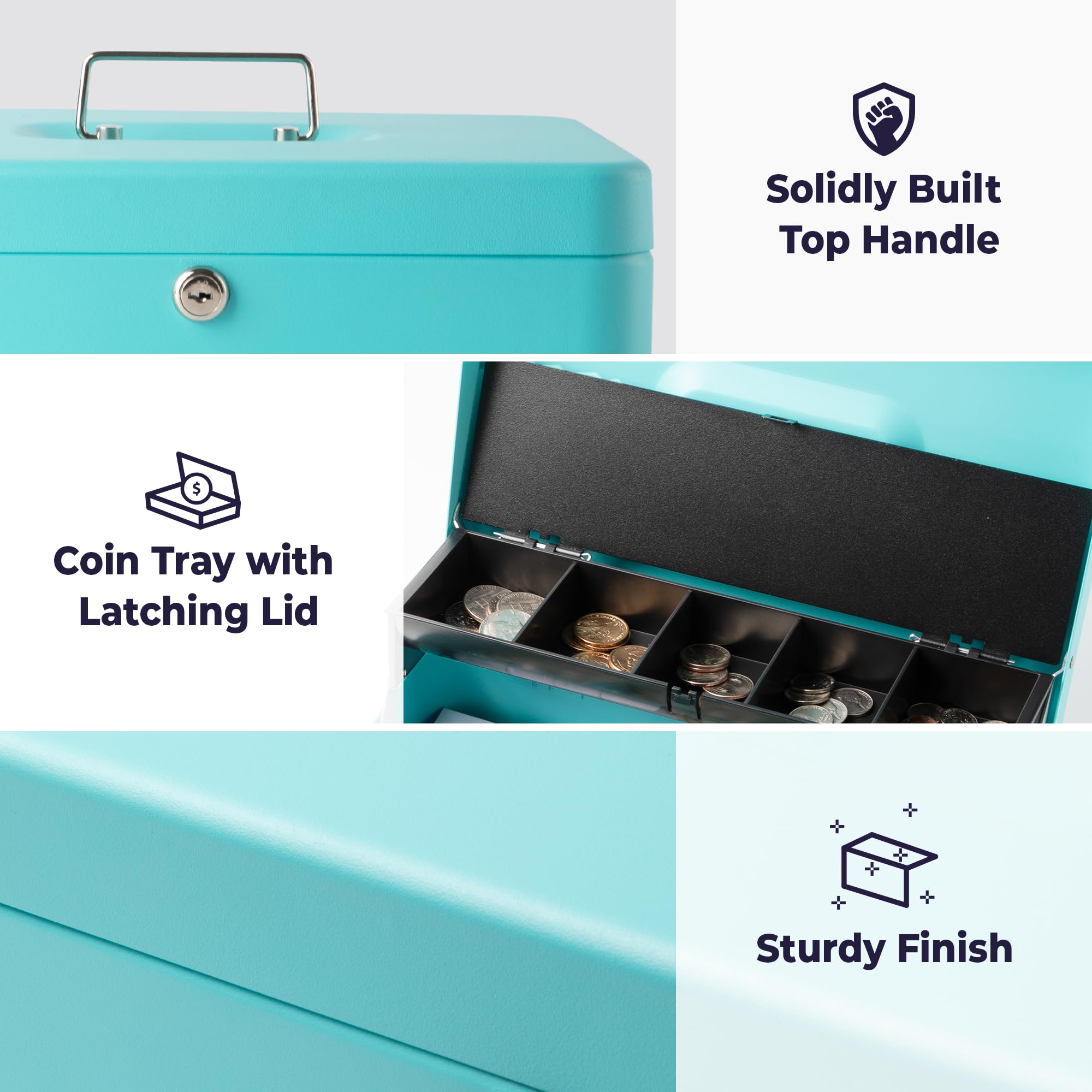 Cassetta contanti con serratura a chiave - Portamonete a più livelli in acciaio con coperchio e slot per banconote | Portatile Compact Safe | 4 chiavi | Scatola portaoggetti in metallo ciano per
